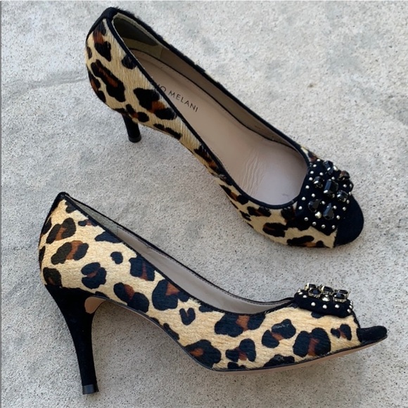 ANTONIO MELANI Pony Hair Leopard Print Peep Toe High Heels Women's Size 8.5 - Picture 1 of 8